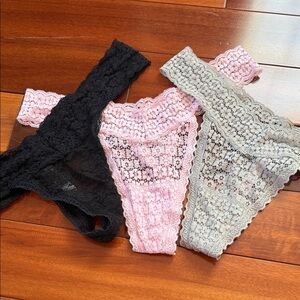 Bundle of 3 Victoria’s Secret Lace Thongs- Black, Pink, and Green-Gray